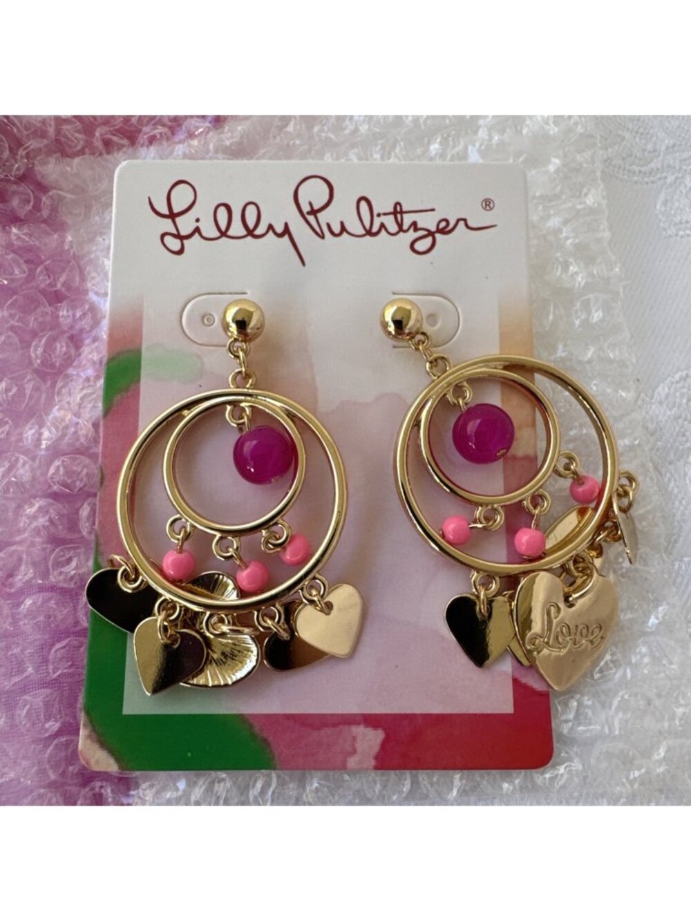 NWT Lilly Pulitzer Goldtone Pink Circle Hearts Hoop Earrings Pierced Gift Bag